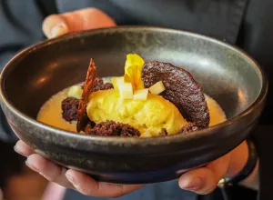 suspiro cítrico con cama de helado de chocolate blanco y fruta de la pasión 