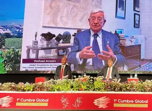 Intervención de Rafael Ansón en la I Cumbre Global de Enoturismo Responsable. En la mesa, Eduardo Sanguinetti, Ministro de Turismo de Uruguay, y José Antonio Vidal, presidente-fundador y CEO de la OMET. (Foto: OMET)